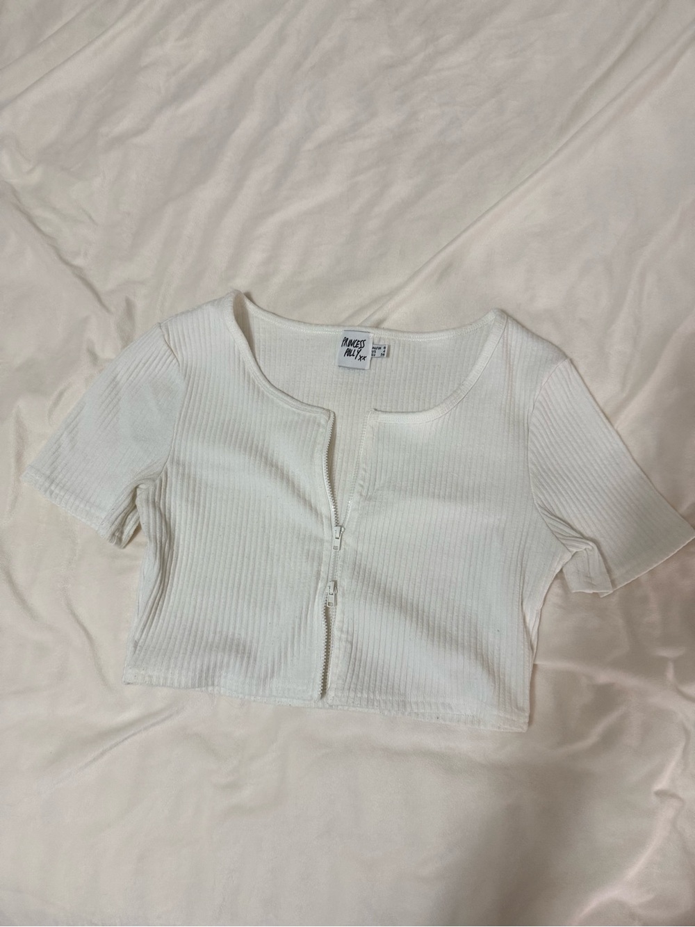 Princess Polly White Ribbed Zip-Up Crop Top